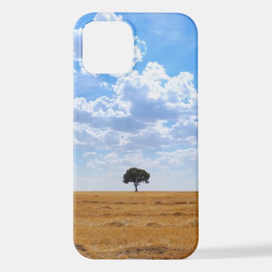 Coque iPhone 12 Arbre dans un champ de blé récolté (Verso)