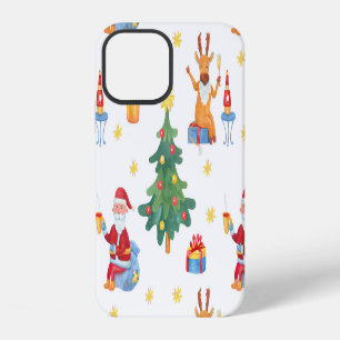 Coque iPhone 12 Arbres de Noël, Père Noël : motif aquarelle.