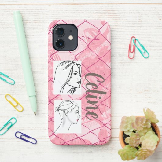 Coque iPhone 12 Arrière - plan de clôture en fil rose/photos modif (Sur le bureau)