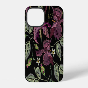 Coque iPhone 12 Arrière - plan noir Irises pourpres brodé.