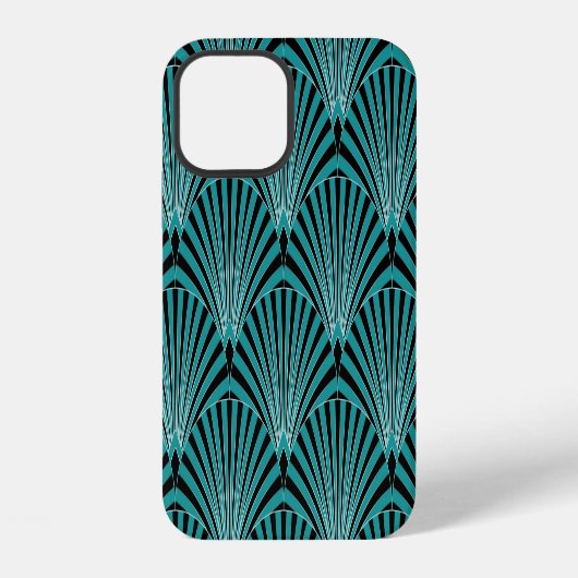 Coque iPhone 12 Art Déco : motif éventail vert. (Verso)