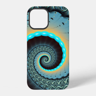 Coque iPhone 12 Art fractal abstrait bleu turquoise orange Spirale