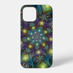 Coque iPhone 12 Art fractal abstrait illuminé brillant sarcelle vi