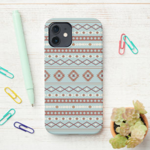 Coque iPhone 12 Aztec Mixte Motif Motif Rusts Crème Bleu