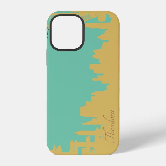 Coque iPhone 12 Bâtiments turquoise or abstrait (Verso)