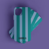 Coque iPhone 12 Bleu et vert Retro Stripe Nom du script mignon