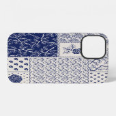 Coque iPhone 12 Bleu Indigo Beige Floral Patchwork (Verso Horizontal)