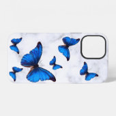 Coque iPhone 12 Bleu Morpho papillons en vol marbré (Verso Horizontal)