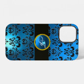 COQUE iPhone 12 BLEU NOIR DAMAS GEMME MONOGRAMME (Verso Horizontal)