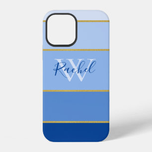 Coque iPhone 12 Blocs de couleur ombrée bleu Monogrammé