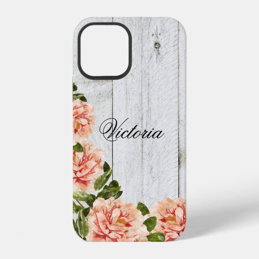 Coque iPhone 12 Bois rustique rose floral personnalisé script (Verso)