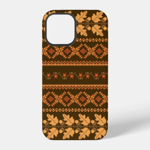 Coque iPhone 12 Broderie automnale point de croix fond rayé rétro