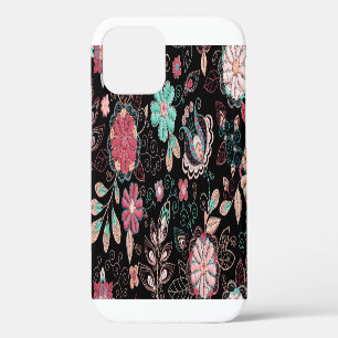 Coque iPhone 12 Broderie florale vintage Motif foncé