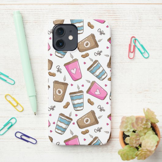 Coque iPhone 12 Cafés, Haricots, Coeurs, Amateur De Café (Sur le bureau)