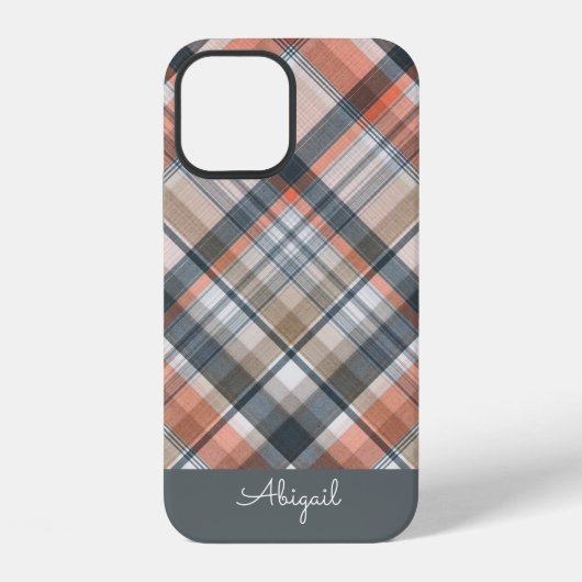 Coque iPhone 12 Carreaux Gris Élégant Nom Script (Verso)