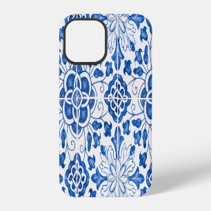 Coque iPhone 12 Carrelage portugais Bleu méditerranéen Floral
