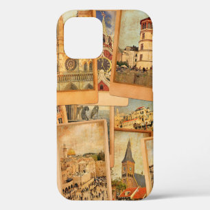 Coque iPhone 12 Cartes photo vintage en collage. Europe, Moyen-Ori