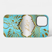 Coque iPhone 12 Case-Mate sarcelle or damassé (Verso Horizontal)