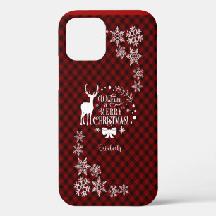 Coque iPhone 12 Charme Rouge Buffalo Joyeux Noël Monogramme