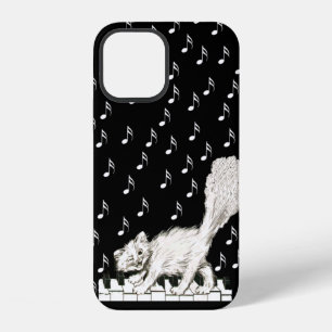 Coque iPhone 12 Chat Blanc Souriant Queue Fluffy sur Touches de Pi