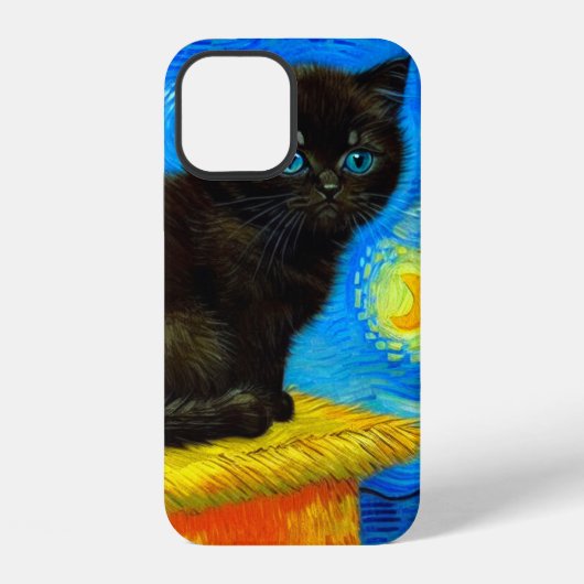 Coque iPhone 12 Chat Nuit Étoilée de Style Van Gogh (Verso)