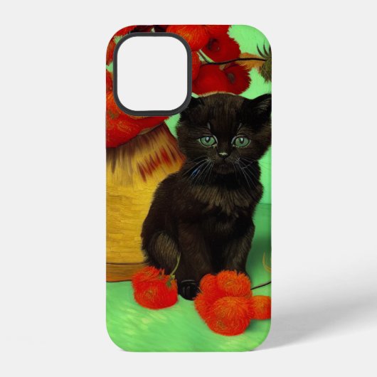 Coque iPhone 12 Chaton noir de Van Gogh Fleurs rouges (Verso)