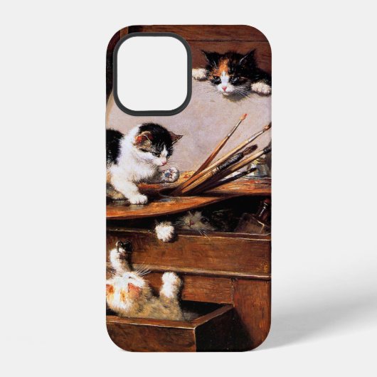 Coque iPhone 12 Chatte et chatons sur une table (Verso)