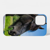 Coque iPhone 12 Cheval friésien noir (Verso Horizontal)