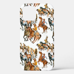 Coque iPhone 12 Chevaux au galop motif sans couture. Cow-boy améri