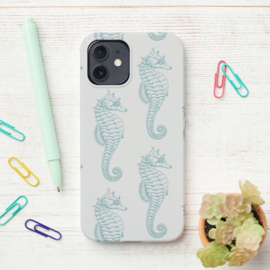 Coque iPhone 12 Chevaux de mer tropicaux, Motif hippocampe - gris (Sur le bureau)