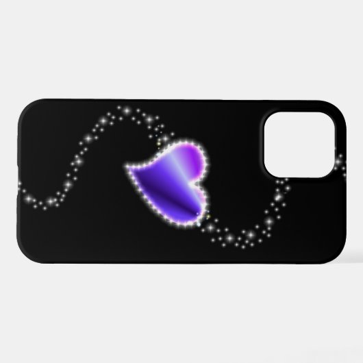 Coque iPhone 12 Coeur arc-en-ciel violet avec étoiles sur noir (Verso Horizontal)