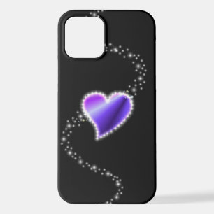 Coque iPhone 12 Coeur arc-en-ciel violet avec étoiles sur noir