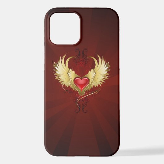 Coque iPhone 12 Coeur rouge avec ailes d'or (Verso)