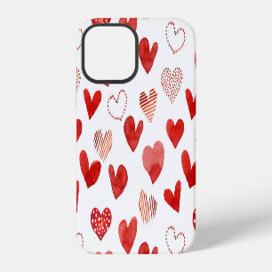 Coque iPhone 12 Coeurs d'amour rouge, motif aquarelle.