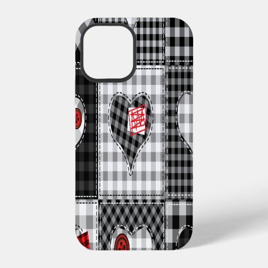 Coque iPhone 12 Cœurs en patchwork noir et blanc sans couture. (Verso)
