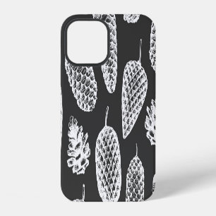 Coque iPhone 12 Cônes de pin vintage, tableau noir botanique.