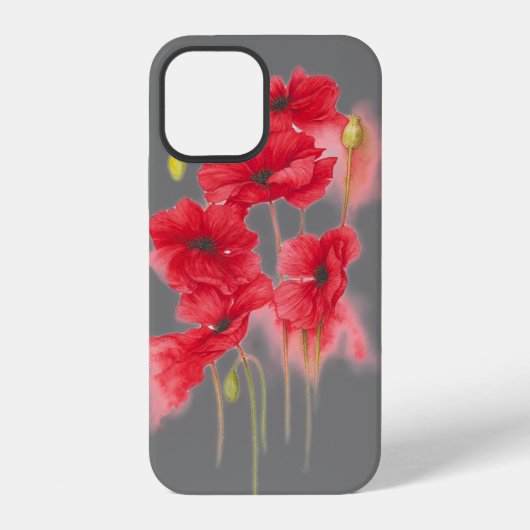 Coque iPhone 12 coquelicots rouges sur gris (Verso)