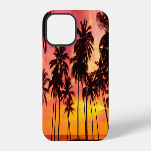 Coque iPhone 12 Coucher de soleil tropical : Silhouette de palme s