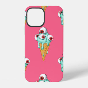 Coque iPhone 12 Crème glacée bleue avec des yeux. Fond rose. Sans