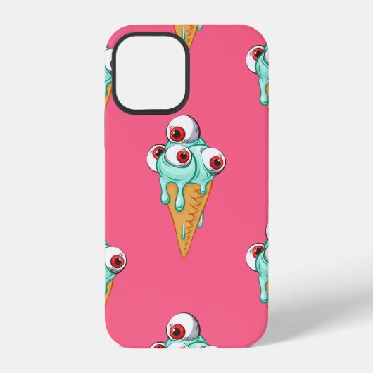 Coque iPhone 12 Crème glacée bleue avec des yeux. Fond rose. Sans (Verso)