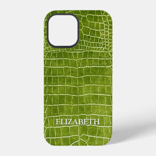 Coque iPhone 12 Crocodile Lime Vert Faux Cuir Personnaliser Nom