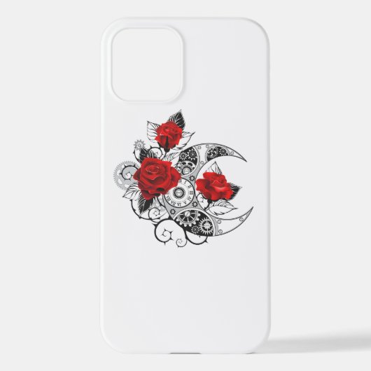 Coque iPhone 12 Croissant mécanique avec roses rouges (Verso)