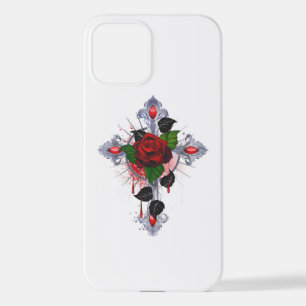 Coque iPhone 12 Croix d'argent avec une rose rouge