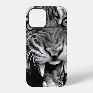Coque iPhone 12 Croquis d'un tigre sauvage en noir et blancnoir,bl