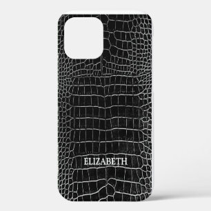 Coque iPhone 12 Cuir de Crocodile Faux Noir Nom Personnalisé