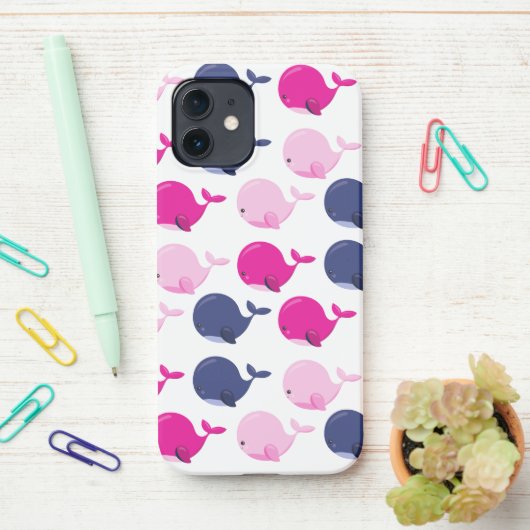 Coque iPhone 12 Cute Whales, Pattern of Whales, Sea Animals (Sur le bureau)