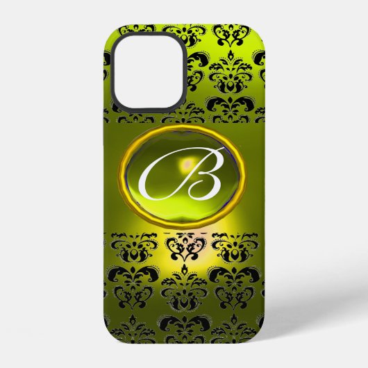 Coque iPhone 12 DAMASK GEM MONOGRAM Jaune (Verso)