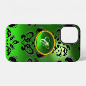 Coque iPhone 12 DAMASK GEM MONOGRAM vert (Verso Horizontal)