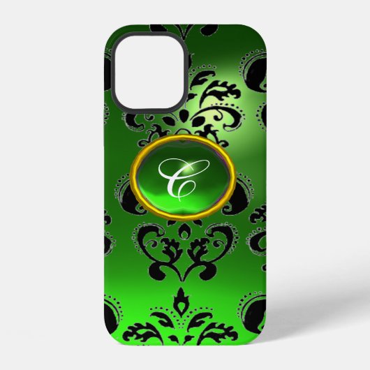 Coque iPhone 12 DAMASK GEM MONOGRAM vert (Verso)