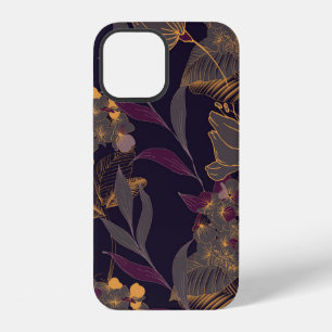 Coque iPhone 12 Dessin Abstrait de fleurs et de feuilles sur un or